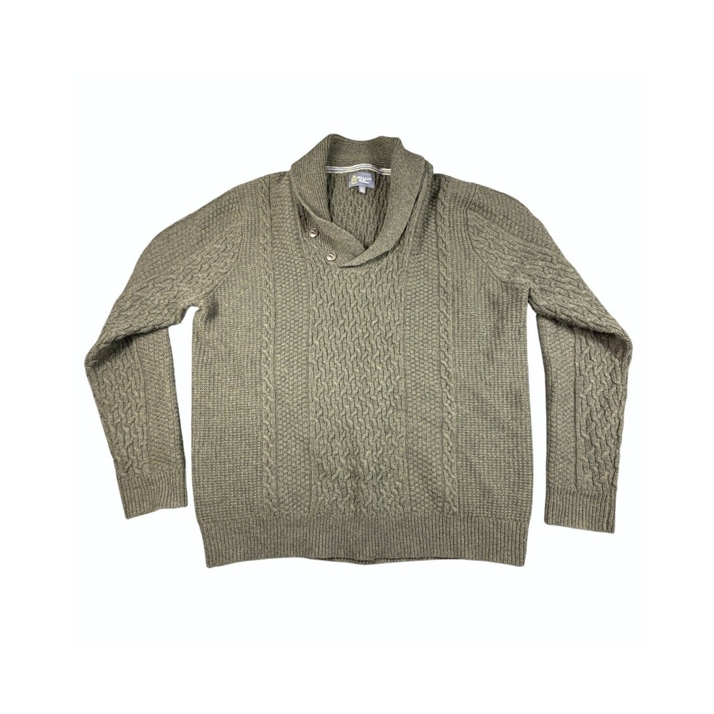 Wallin & Bros XL Olive Green Lambswool Shawl Collar Cable Knit Fisherman Sweater